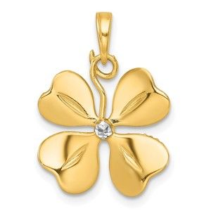 14k Yellow Gold White Rhodium Polished 4-Leaf Clover Shamrock Charm Pendant